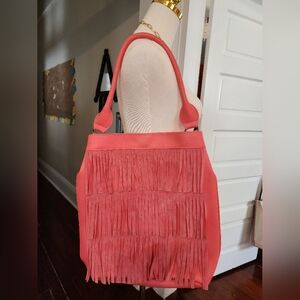 Western Fringe Coral Salmon Faux Suede Tote Shoulder Bag
